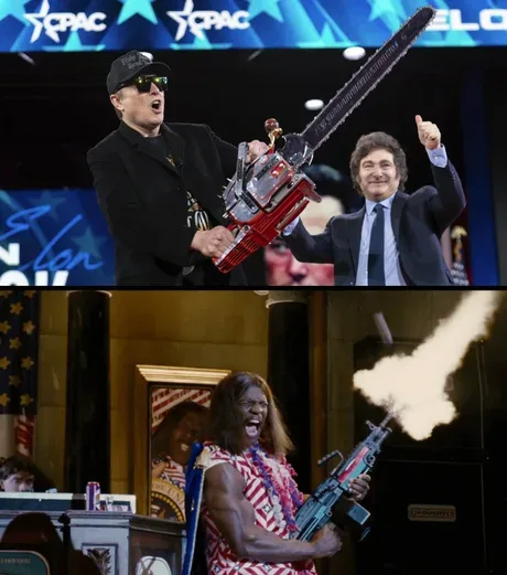 The image is split into two panels. Top: A man in a black suit and sunglasses holds a large chainsaw while another man in a…