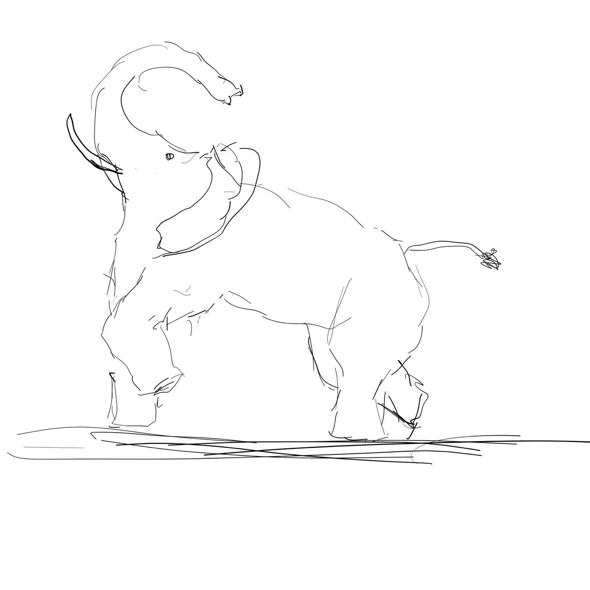 A simple black-and-white line drawing shows a cartoonish elephant standing on a flat ground line, with its trunk curled up…