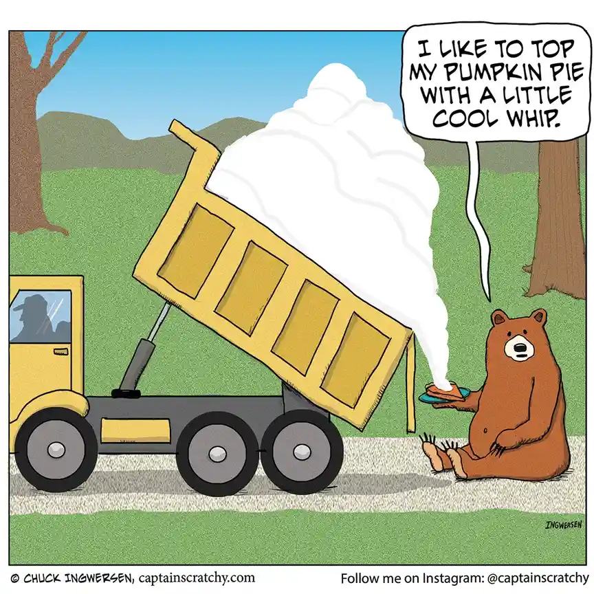 A cartoon brown bear sits on the ground holding a slice of pumpkin pie on a blue plate, as a yellow dump truck dumps a…
