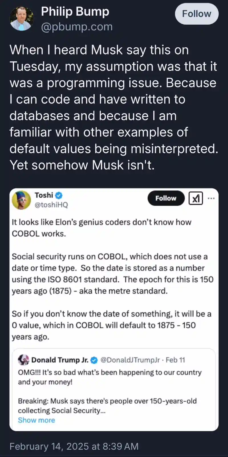 A screenshot of a Twitter thread where Philip Bump responds to a tweet by Toshi explaining that COBOL's date system defaults…