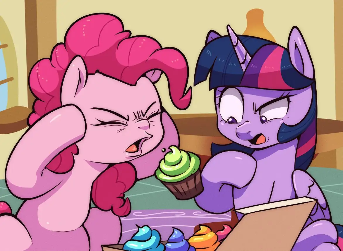 Two cartoon ponies, Pinkie Pie and Twilight Sparkle, are shown with angry, frustrated expressions. Pinkie Pie covers her…