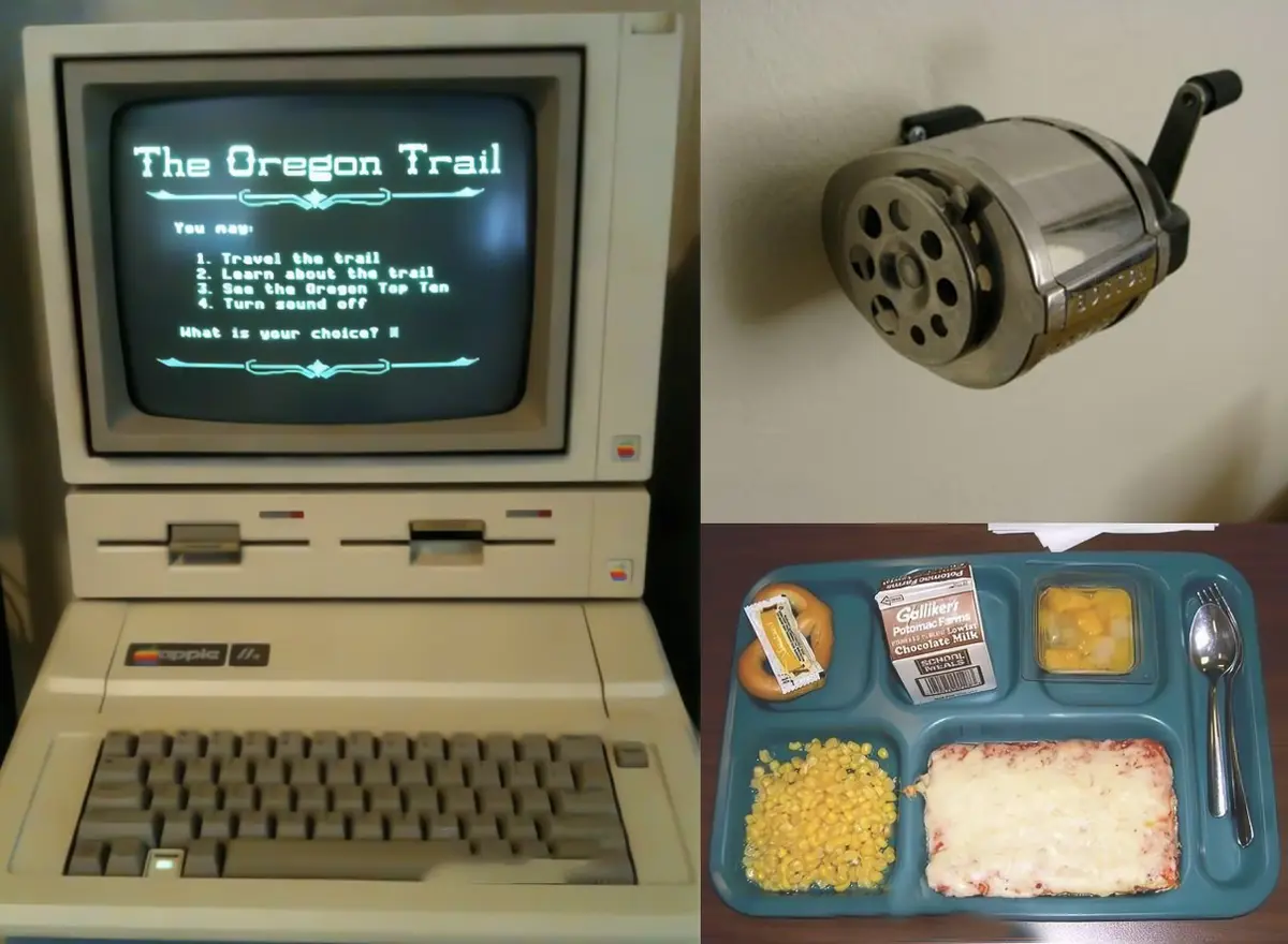 A split image shows an Apple II computer displaying 'The Oregon Trail' game menu, a wall-mounted pencil sharpener, and a…