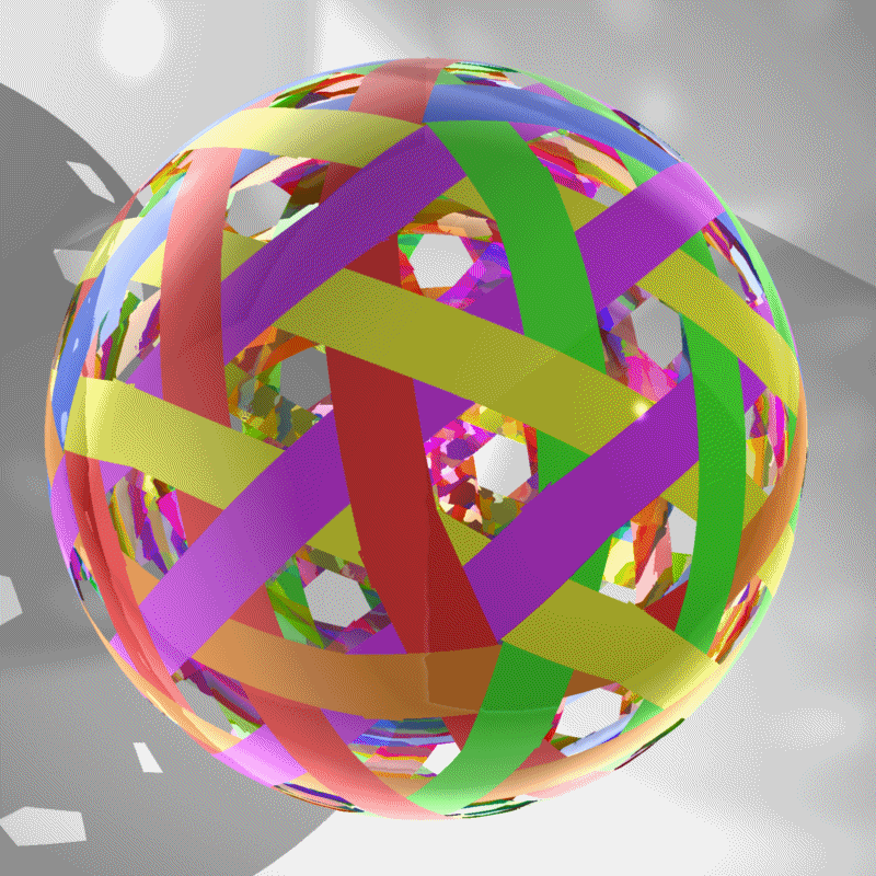 six panels show a 3d-rendered sphere with colorful ribbons woven through it, each panel displaying a different rotation of…
