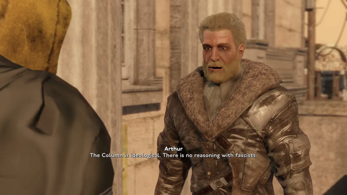 A screenshot from the video game 'BioShock Infinite' shows a character named Arthur, a man with a blonde beard and a brown…