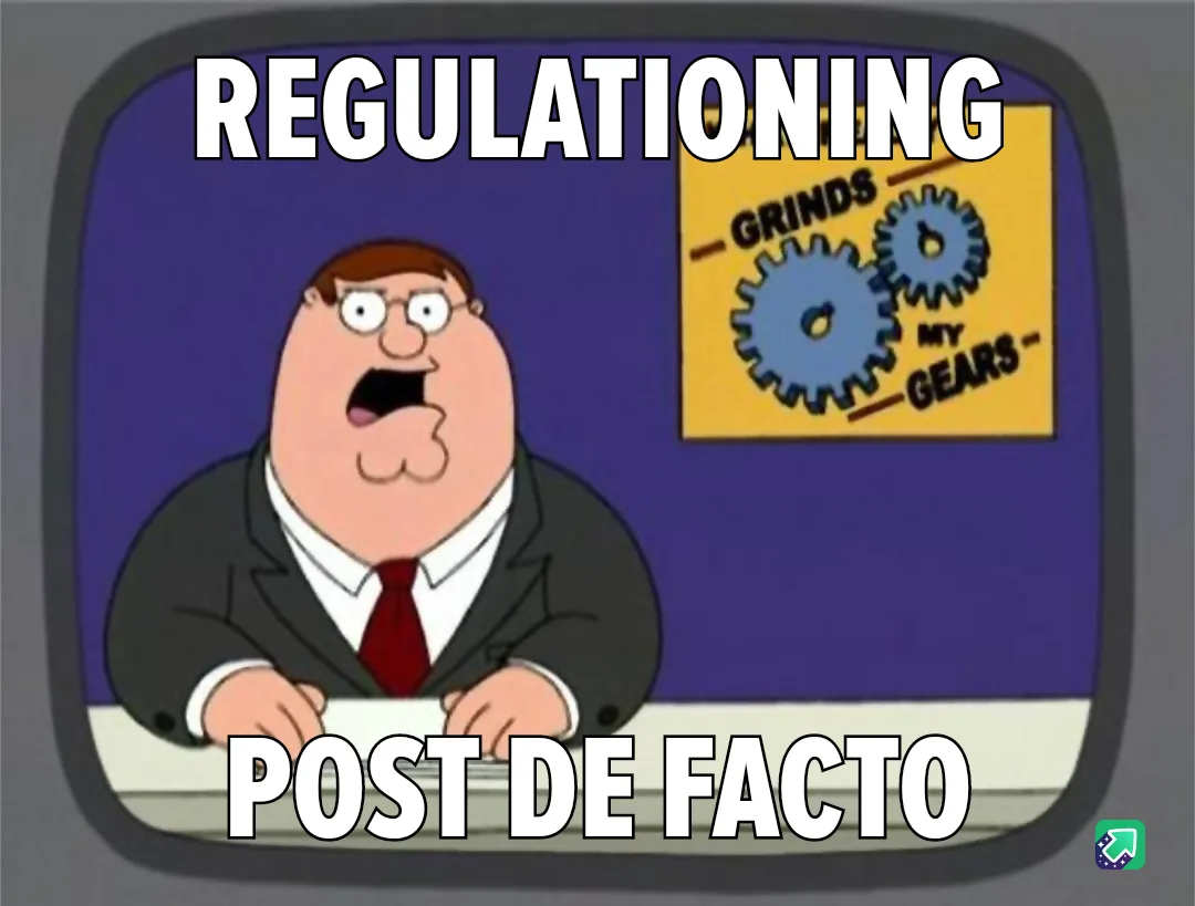A cartoon man in a suit and red tie sits at a desk with a shocked expression, overlaid with the text 'REGULATIONING' at the…
