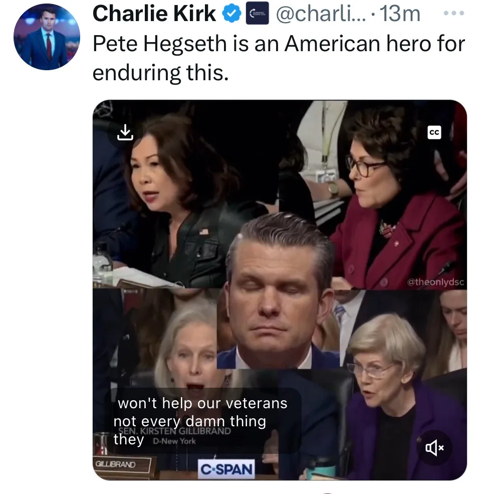 A screenshot from a C-SPAN broadcast shows Senator Kirsten Gillibrand speaking, with a large overlay of a man's face looking…