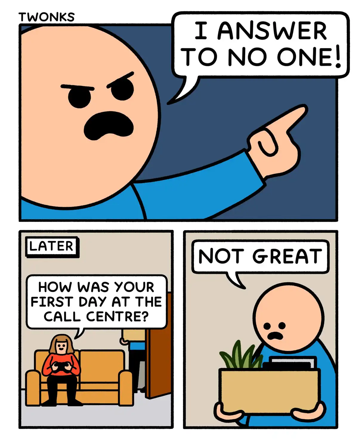 A three-panel comic strip from 'Twonks' shows a bald man with a mustache yelling 'I ANSWER TO NO ONE!' while pointing…