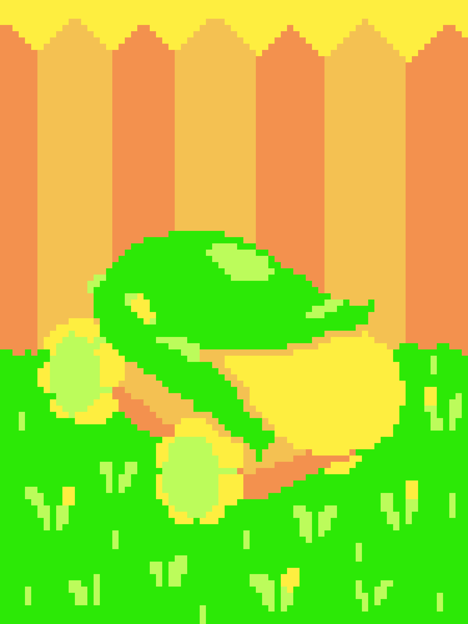 A low-resolution pixel art image shows a bright green grassy field with a yellow sun and a green tree. Behind the tree…