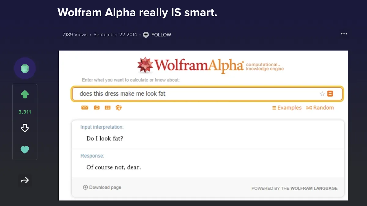 The image shows a screenshot of the Wolfram Alpha website with the search query 'does this dress make me look fat' entered…