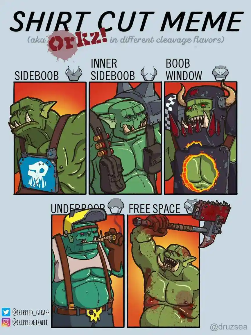 A comic strip featuring five green-skinned, muscular ork characters in various states of shirtlessness. The top row shows an…