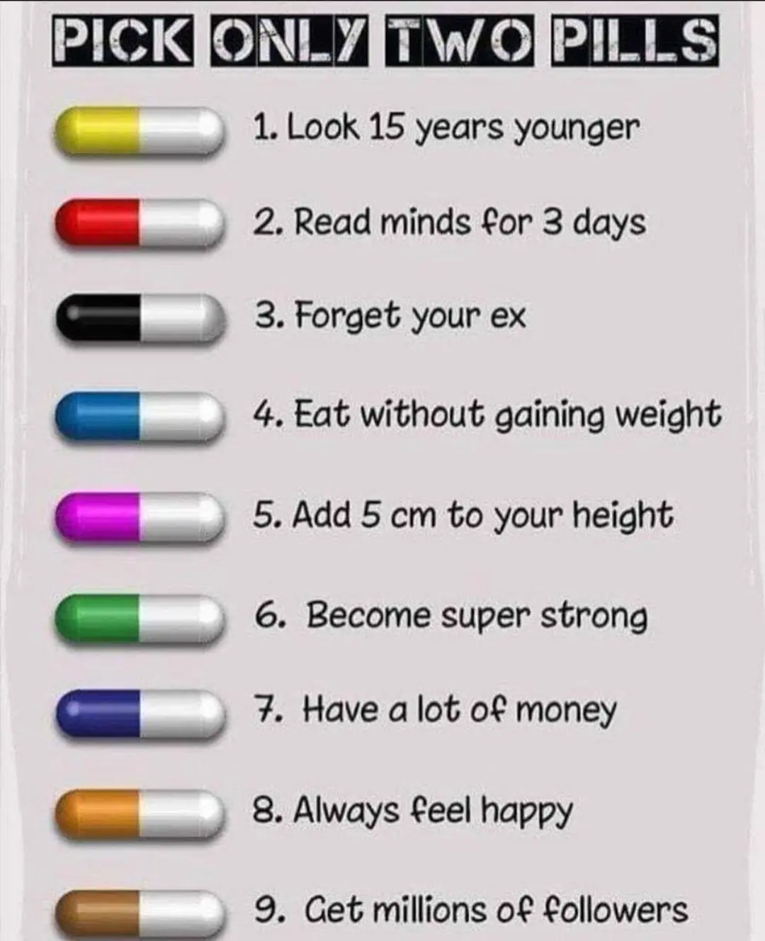 An image displays a list of nine colorful pills, each paired with a fantastical benefit like looking younger or having…