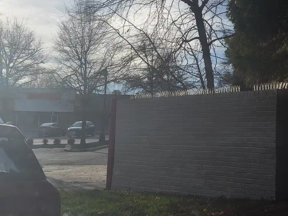 A photo shows a Hooters restaurant in the background, partially obscured by bare trees and a tall, grey brick wall topped…