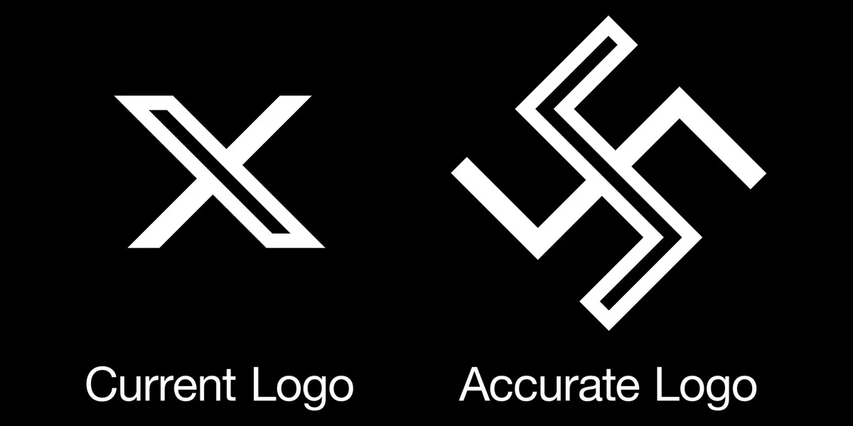 The image displays two white logos on a black background: the left is an 'X' shape labeled 'current logo', and the right is…
