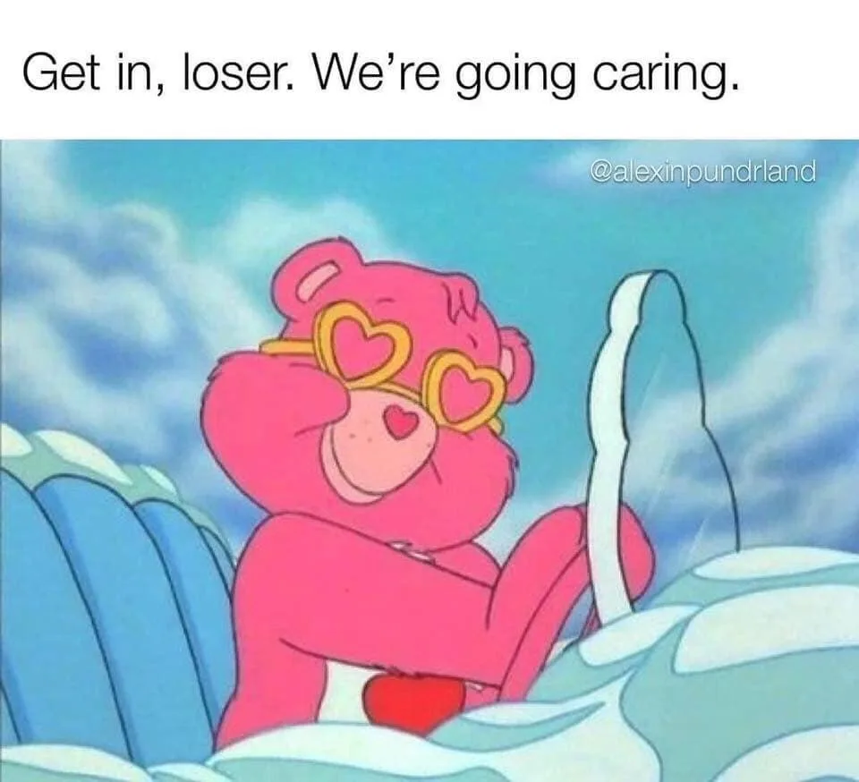 A pink cartoon bear wearing heart-shaped glasses and a red heart on its chest is driving a vehicle through snowy terrain…
