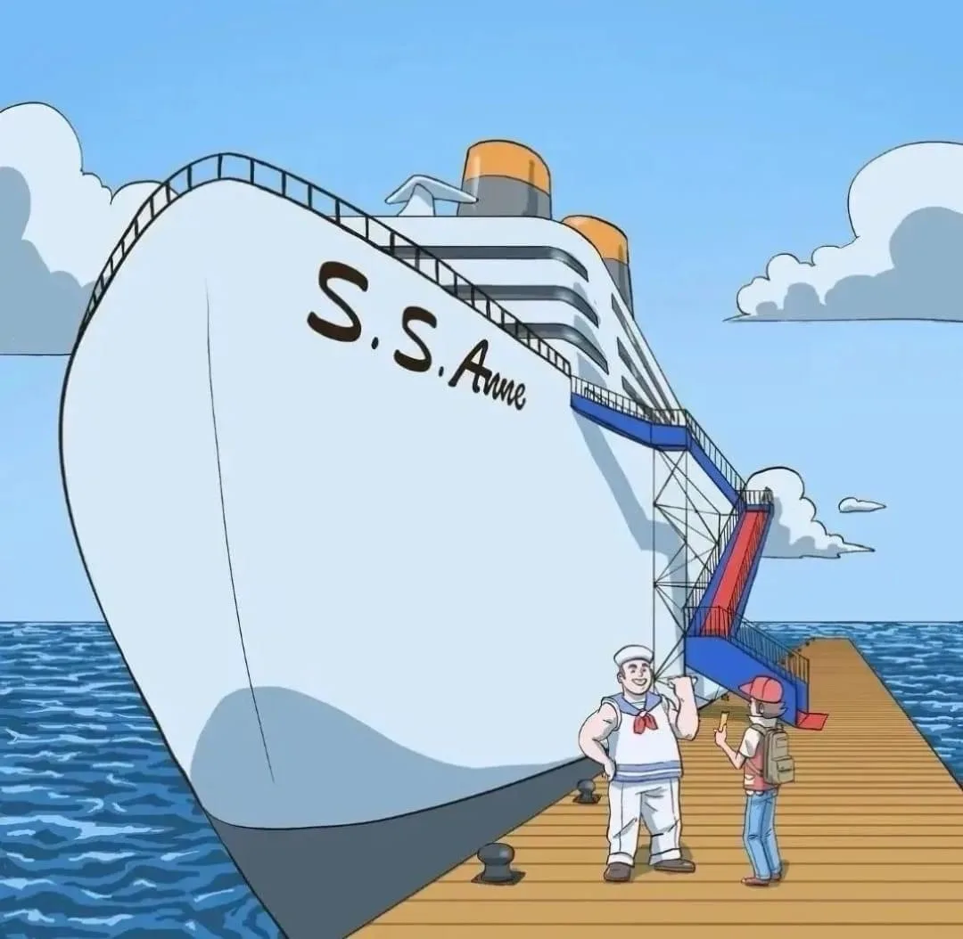 A cartoon image shows a large cruise ship named 'S.S. Anne' docked at a pier. A sailor in uniform stands next to a young…