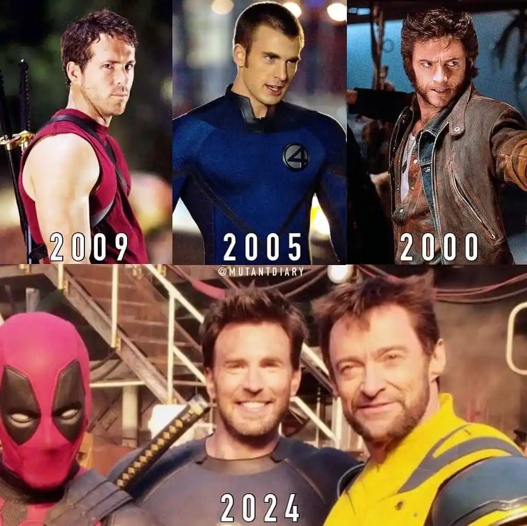 A collage of three superhero actors from earlier films—Ryan Reynolds as Deadpool (2009), Chris Evans as Captain America…