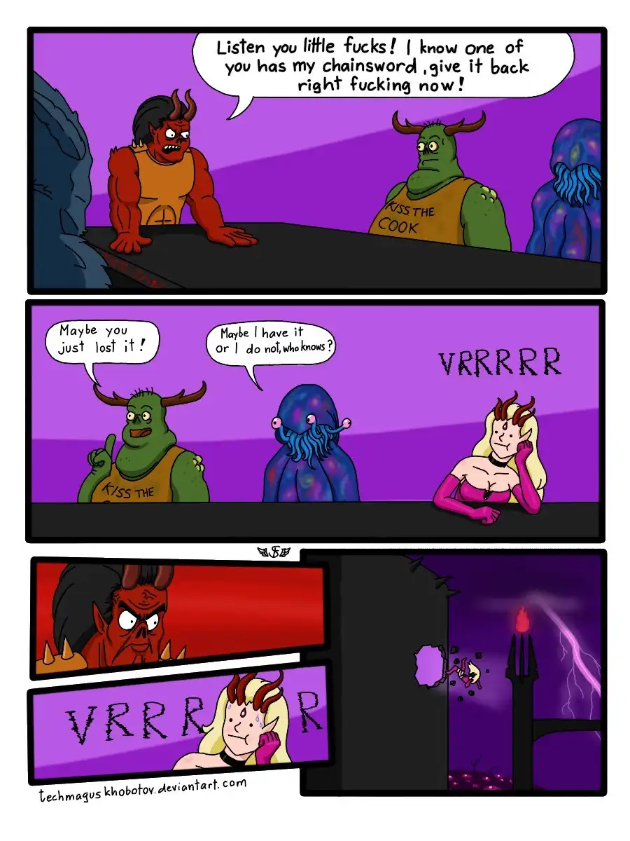 A three-panel comic shows a red demon angrily demanding a chainsword back from two other demons, one of whom is wearing a…
