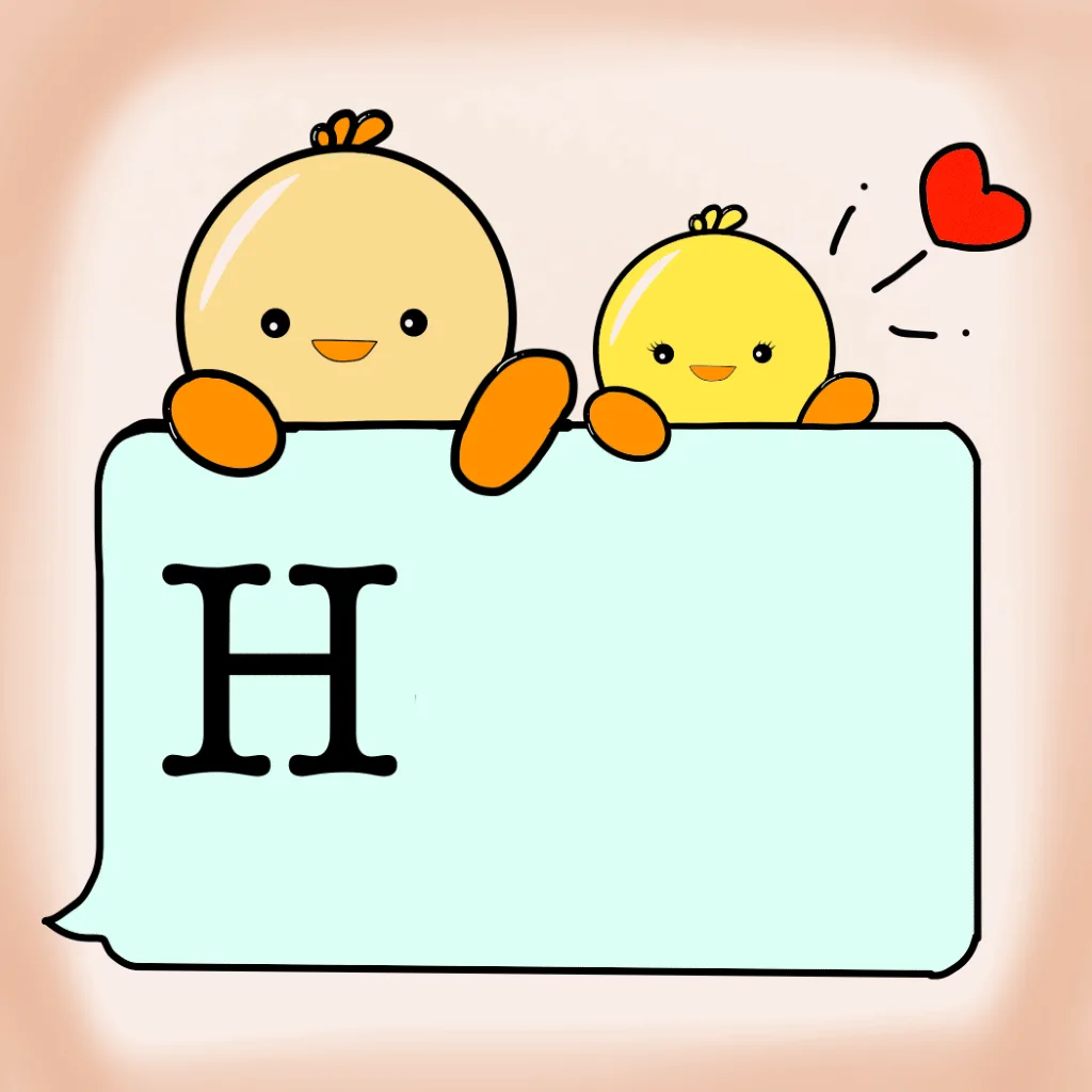 Six panels show two cartoon chicks holding up speech bubbles that spell out 'Hello' in stages, with some panels showing the…
