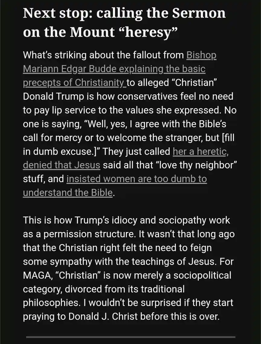 A black-background image displays a block of white text critiquing conservative Christians' reaction to Bishop Mariann Edgar…