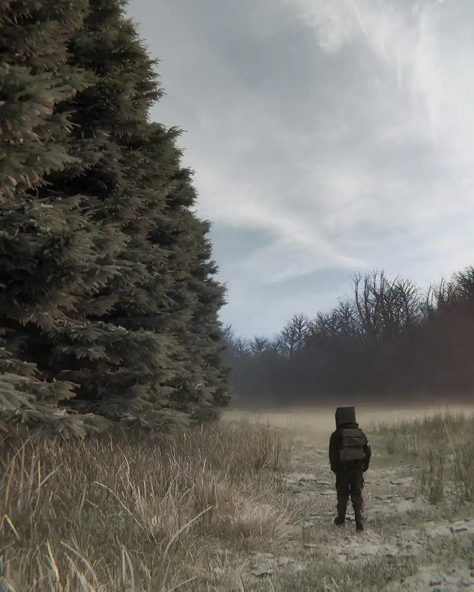 A person wearing a backpack and a large, boxy computer monitor for a head walks alone down a misty, overgrown path in a…