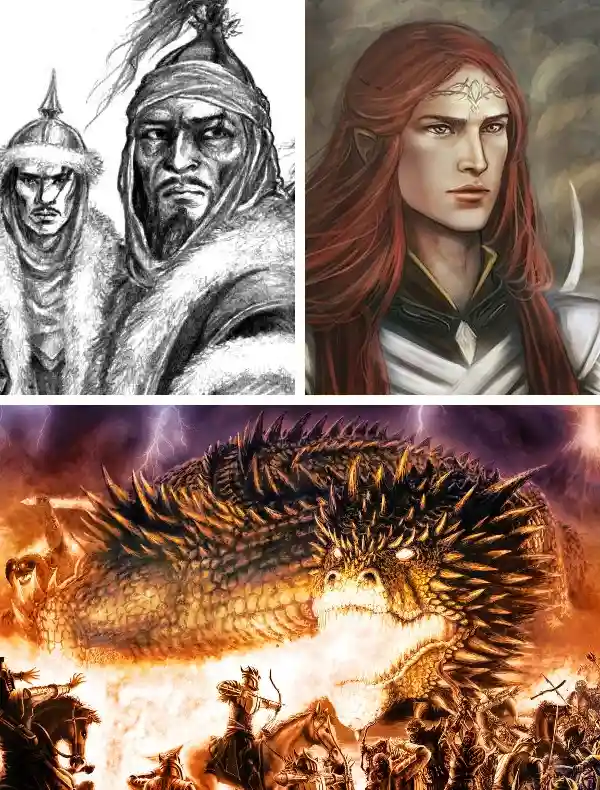 The image is a three-panel collage: top-left shows two stern-faced warriors in fur-lined armor; top-right features a…