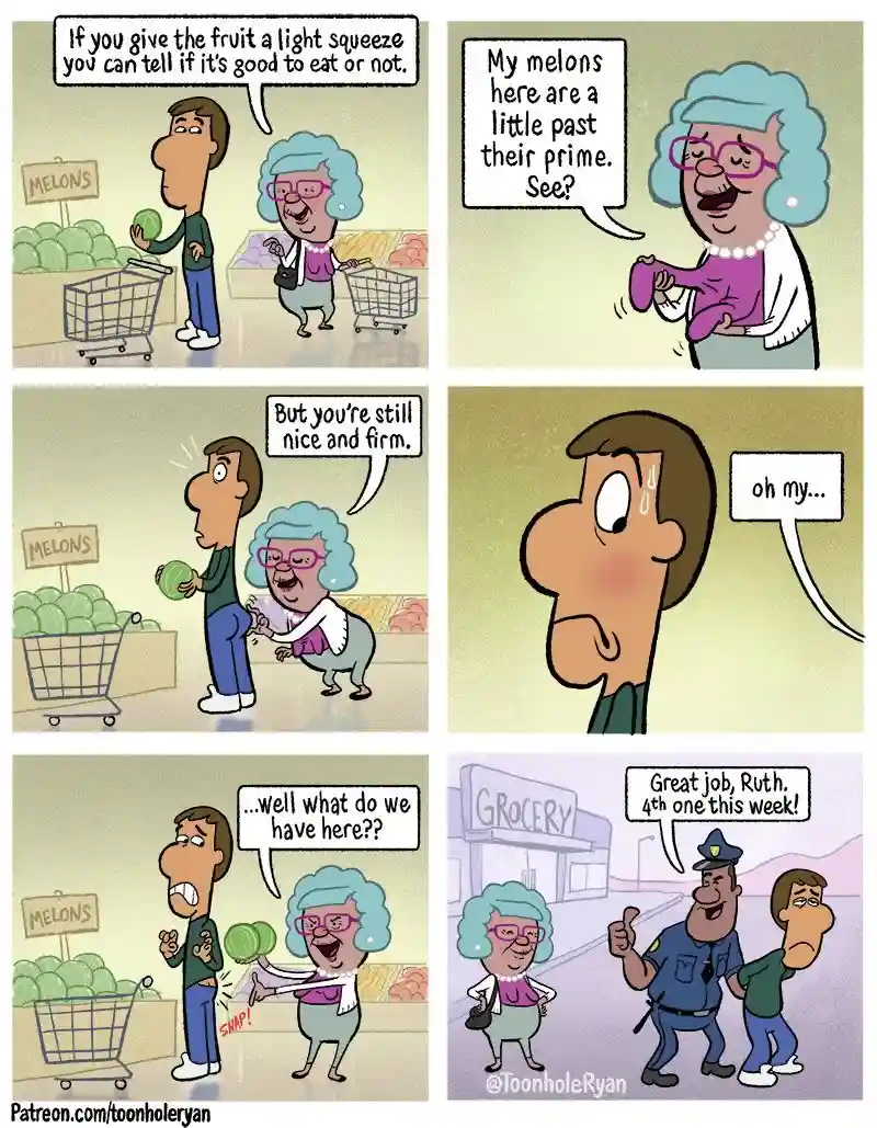 A six-panel comic strip shows a man shopping for melons with an elderly woman. She demonstrates how to test melons by…