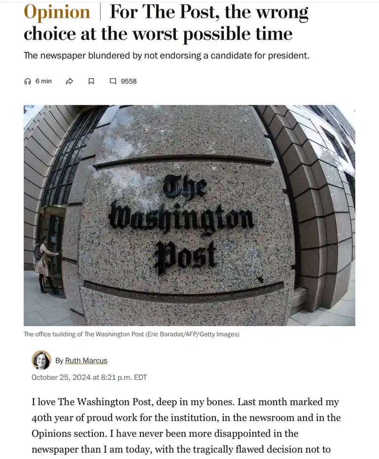 A screenshot of a Washington Post opinion article with the headline 'For The Post, the wrong choice at the worst possible…