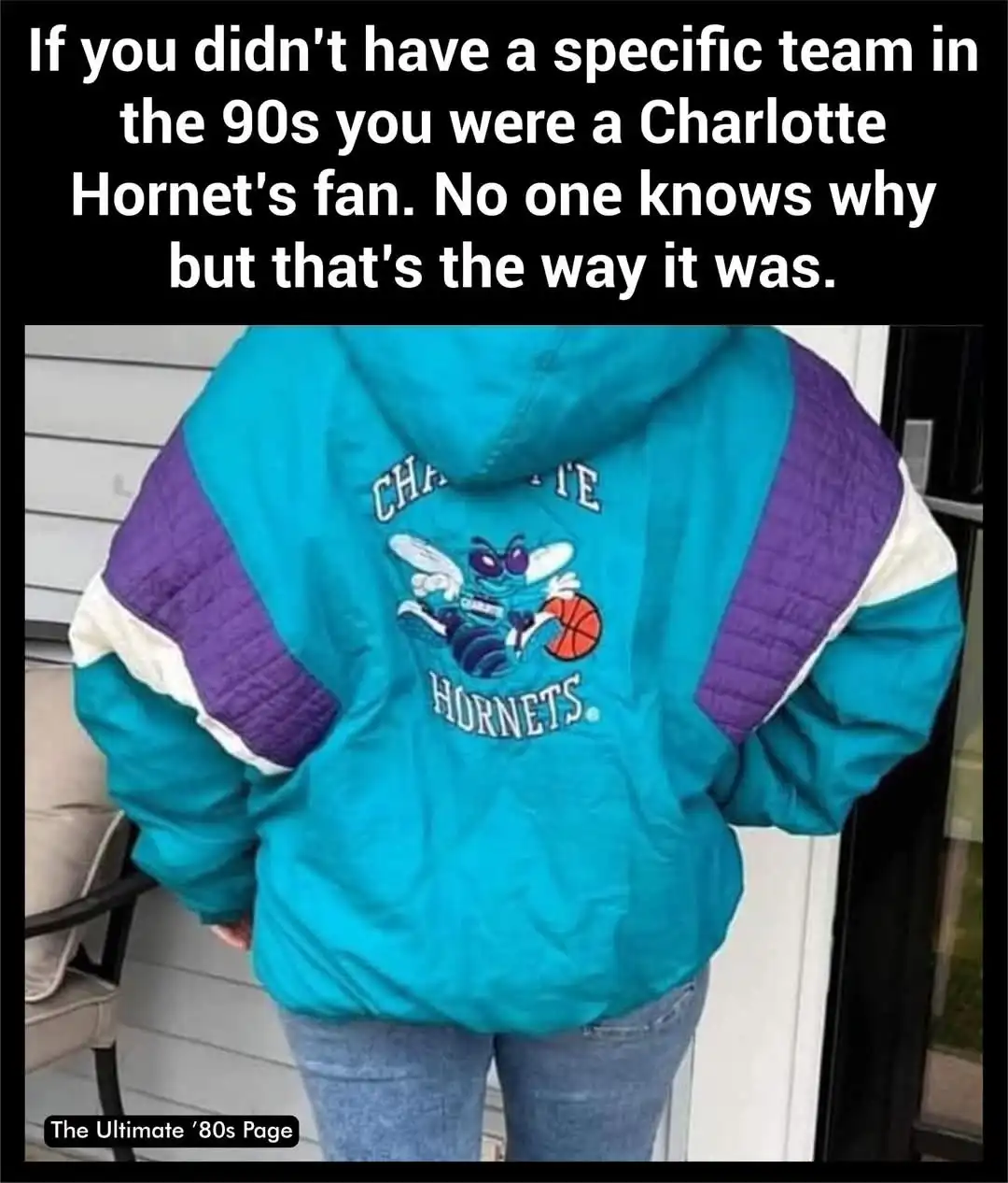 A person is shown from behind wearing a vintage 1990s Charlotte Hornets basketball jacket, which is teal with purple and…