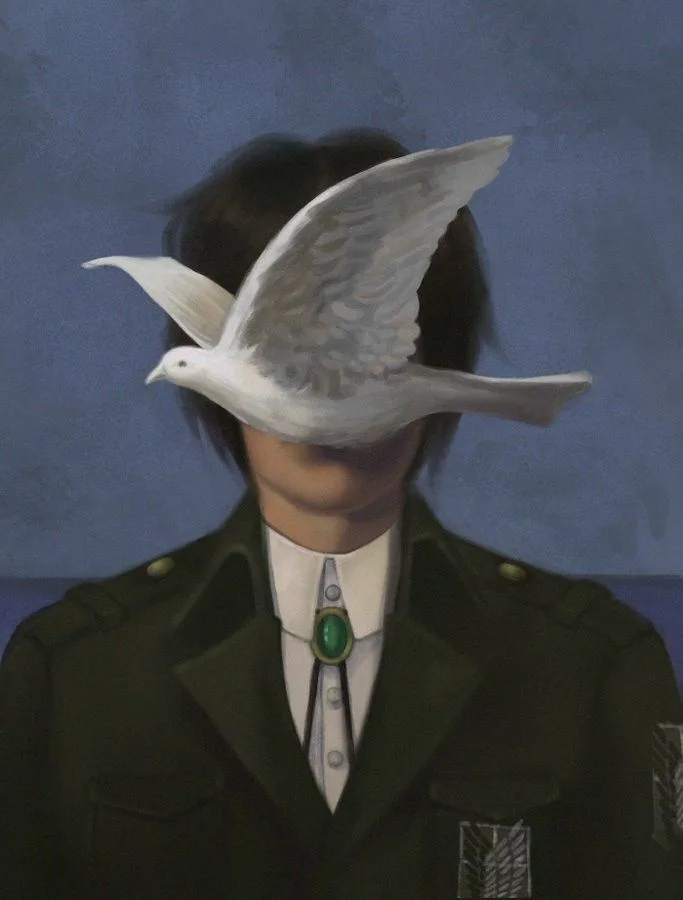A person in a dark green military-style uniform with a white shirt and a green gem bolo tie has a white dove superimposed…