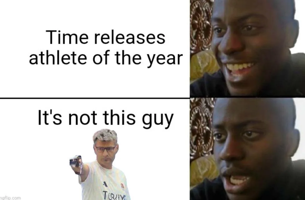 The image is a two-panel meme. The top panel shows a smiling Black man with text above him reading 'Time releases athlete of…