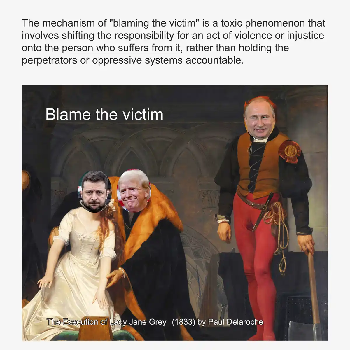 The image is a digitally altered version of Paul Delaroche's 1833 painting 'The Execution of Lady Jane Grey,' where the…