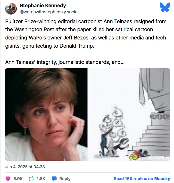 A split image shows a photo of cartoonist Ann Telnaes on the left and a cartoon on the right where a figure in a suit stands…