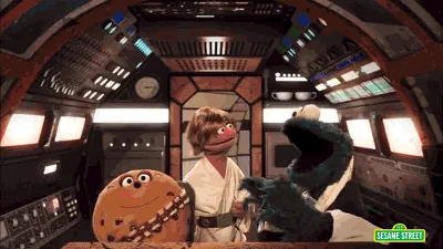A six-panel meme sequence from 'The Muppets' Star Wars crossover, showing Cookie Monster and Luke Skywalker in an X-wing…