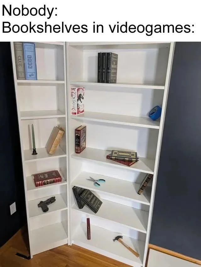 A white bookshelf filled with books, but also containing a toy gun, scissors, a hammer, and other non-book items, humorously…