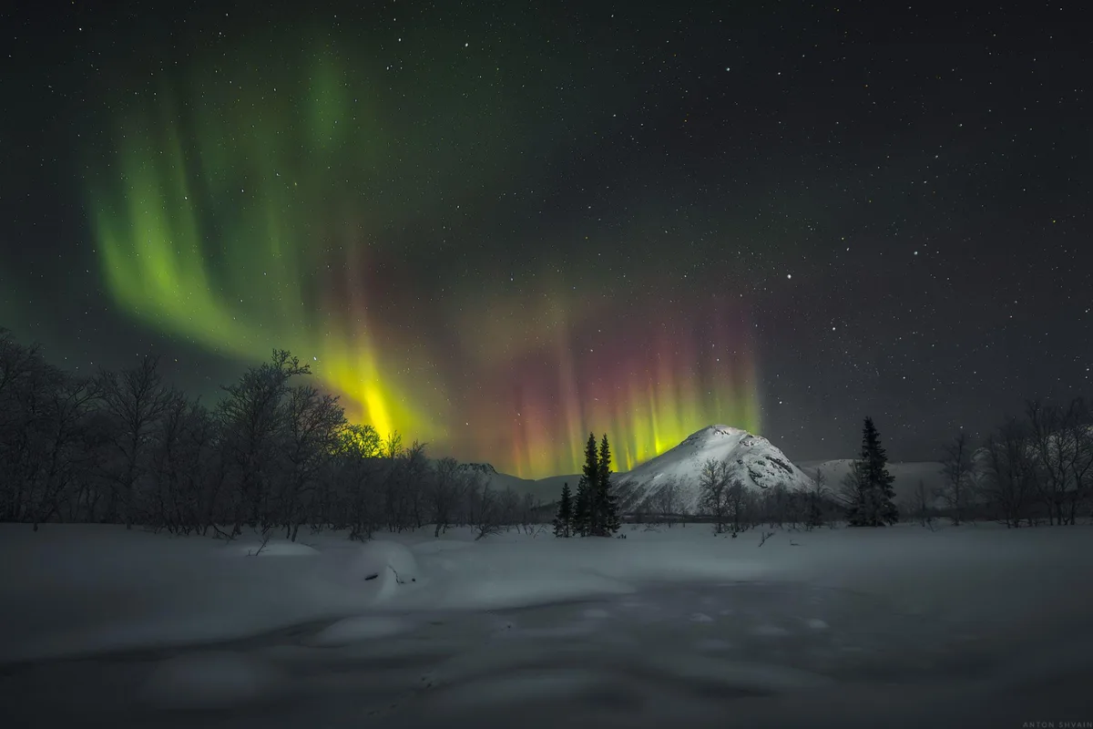 A stunning photograph of the aurora borealis dancing across a starry night sky over a snowy landscape with mountains and…