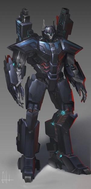 A dark, heavily armored robot with glowing blue and red accents stands in a neutral pose against a plain gray background…
