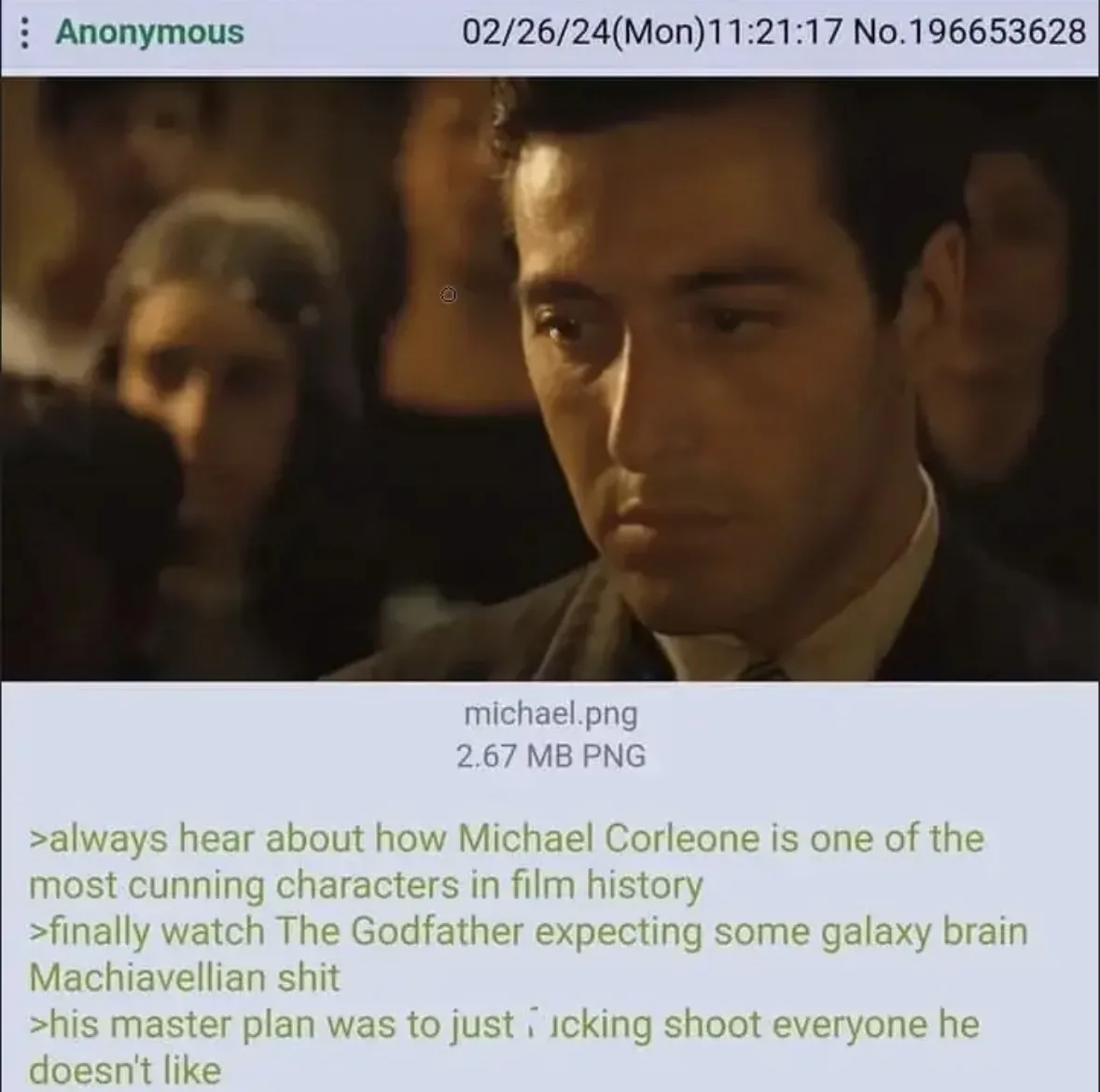 A screenshot of a 4chan post showing a close-up of Michael Corleone from The Godfather looking serious and contemplative…