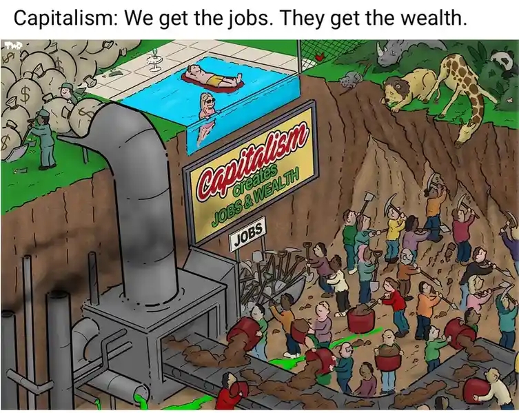A cartoon depicts workers digging in a pit, shoveling dirt into buckets that feed a factory chimney, while above them…