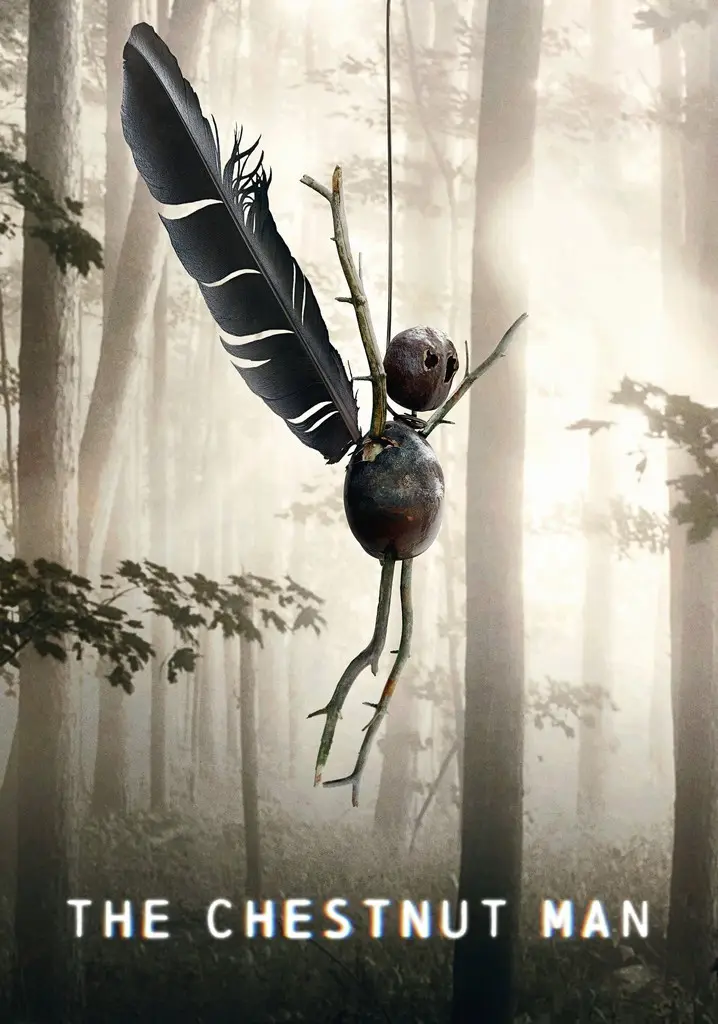 A surreal, eerie image shows a small, twig-like humanoid figure suspended in a misty forest. The figure has a large black…