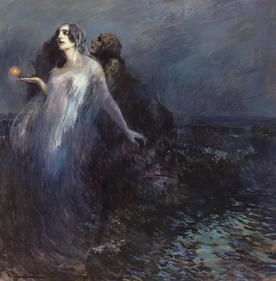 A painting depicts a ghostly woman in a flowing white gown standing on a cliff edge at night, holding a small glowing orb in…