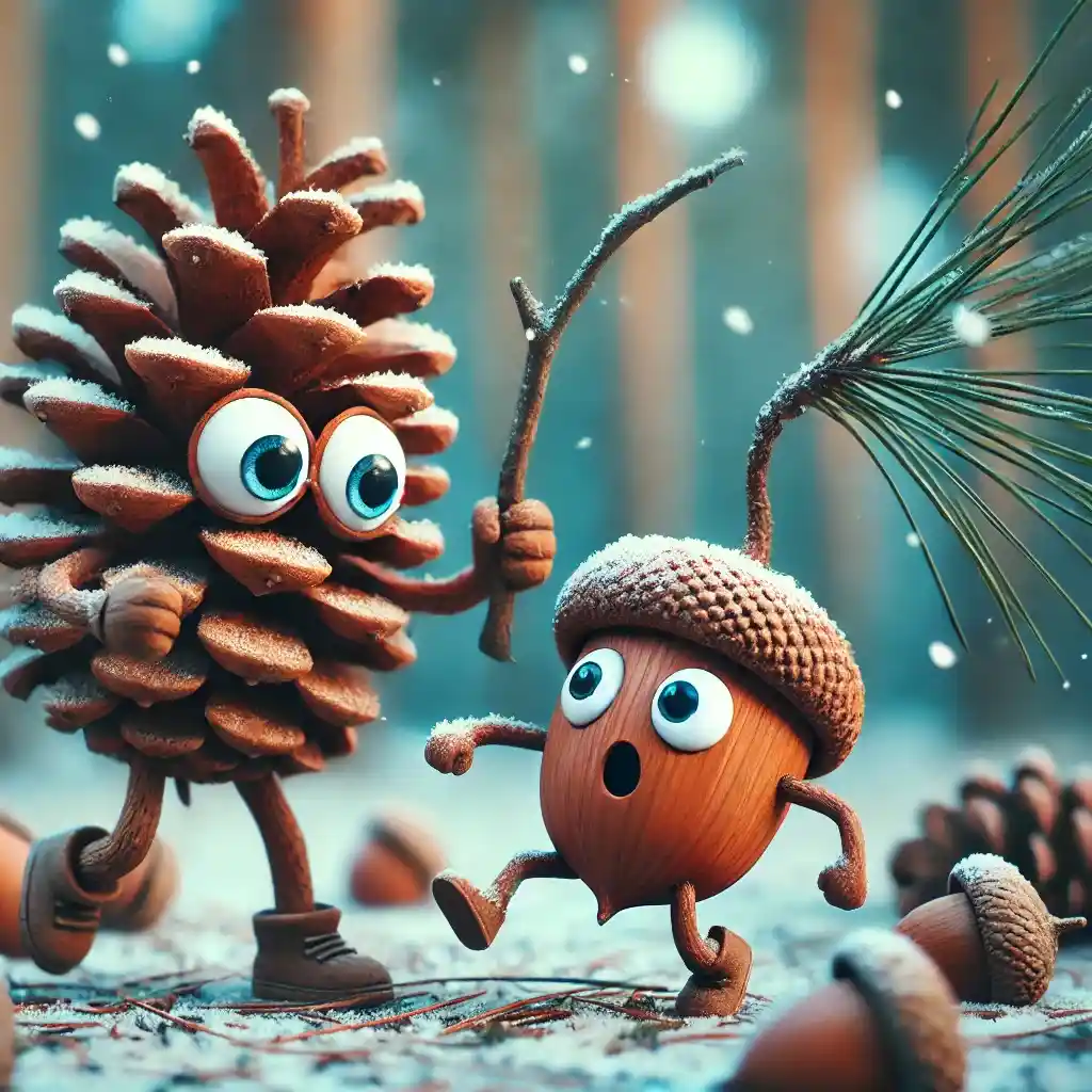 A cartoon pinecone with googly eyes and boots holds a stick while chasing a startled acorn with a surprised expression, both…