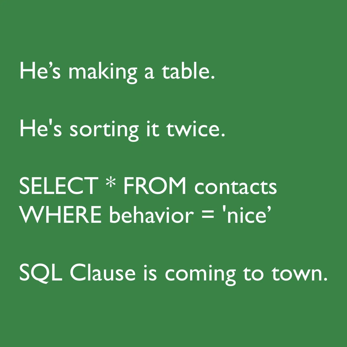 A solid green background displays white text in four lines. The first line reads 'He's making a table.' The second says…