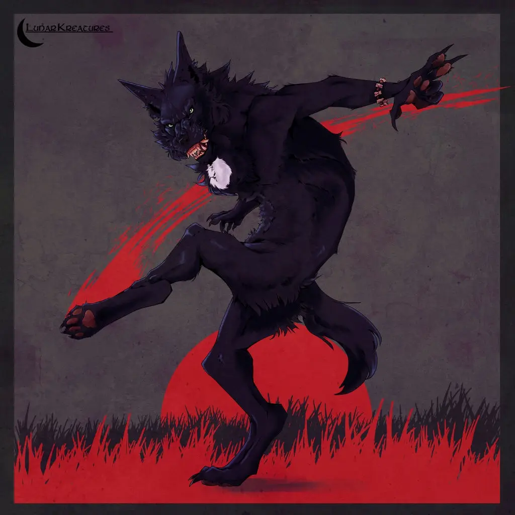 A dark, anthropomorphic werewolf with glowing green eyes and sharp claws lunges forward against a gray background with a red…
