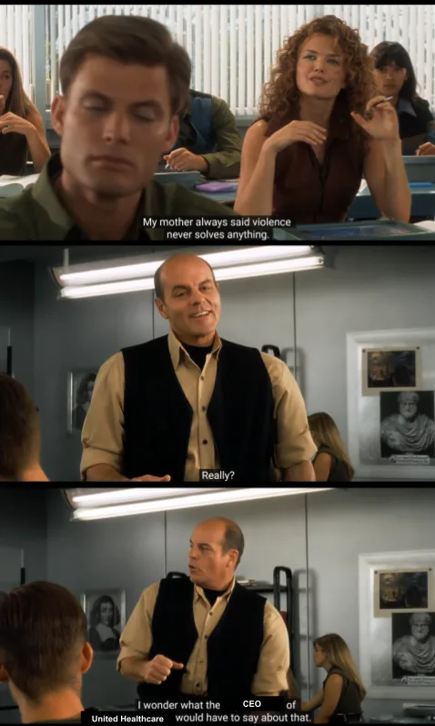 A three-panel meme from the movie 'The Matrix' showing a student saying 'My mother always said violence never solves…