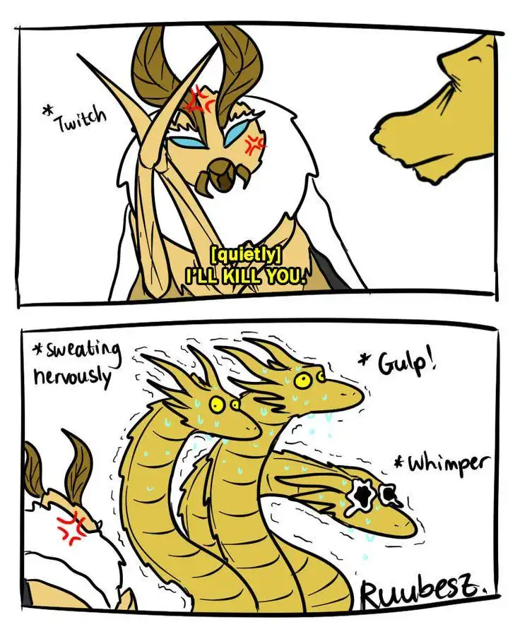 A two-panel comic shows a horned, white-furred creature with red angry marks whispering 'I'LL KILL YOU' while twitching…