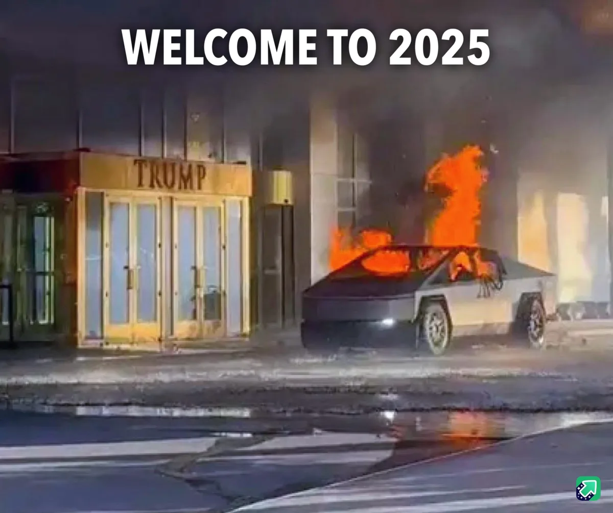 A Tesla Cybertruck is on fire in front of a building with a golden 'TRUMP' sign above its entrance. The image is overlaid…
