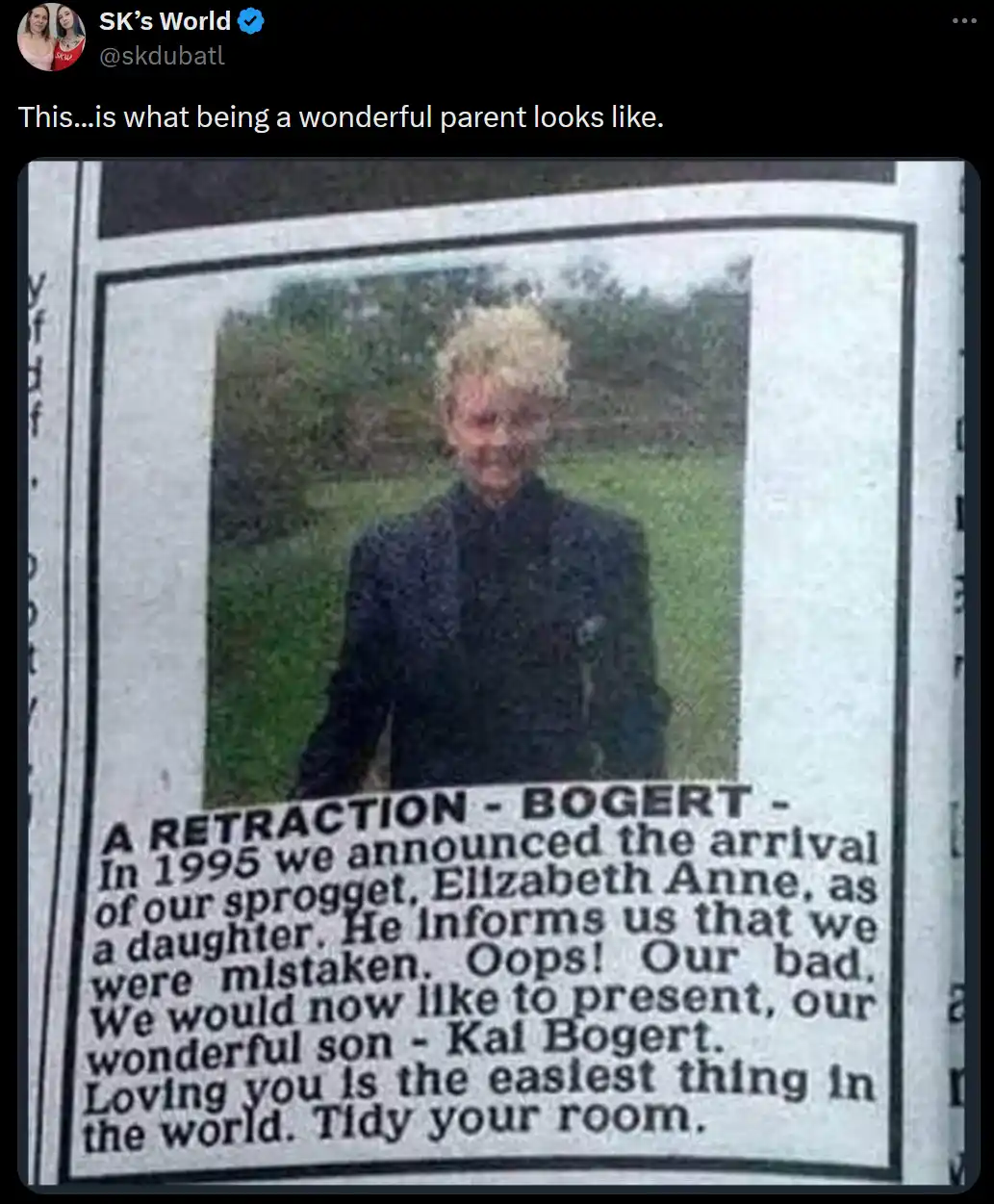 A blurry photo of a person with short blonde hair and a dark jacket appears in a newspaper clipping. The text below reads…