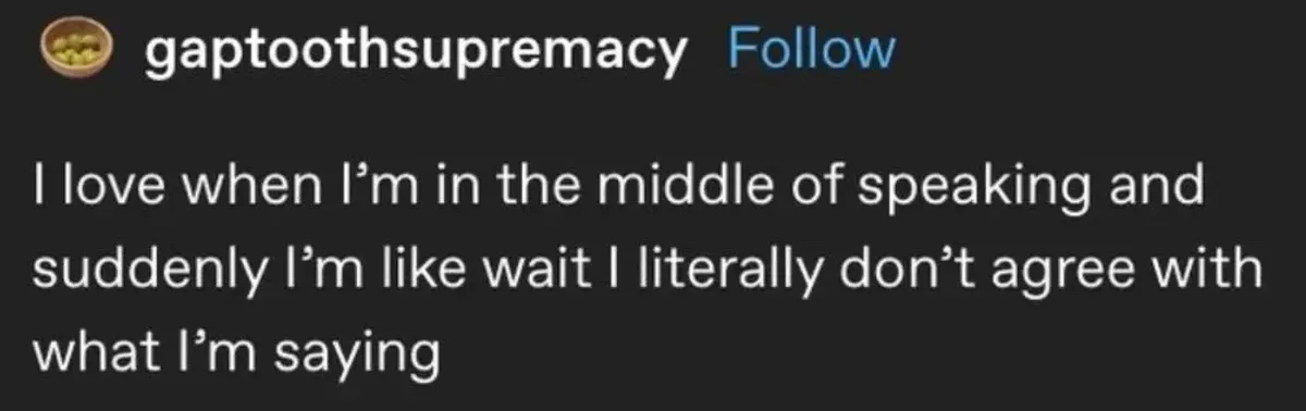 A screenshot of a social media post from the account 'gaptoothsupremacy' with a dark background and white text. The text…