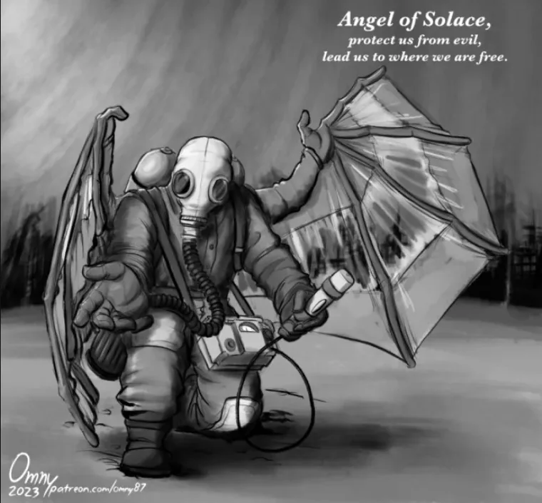 A grayscale illustration depicts a figure kneeling in a desolate, rainy setting, wearing a gas mask, bulky protective gear…