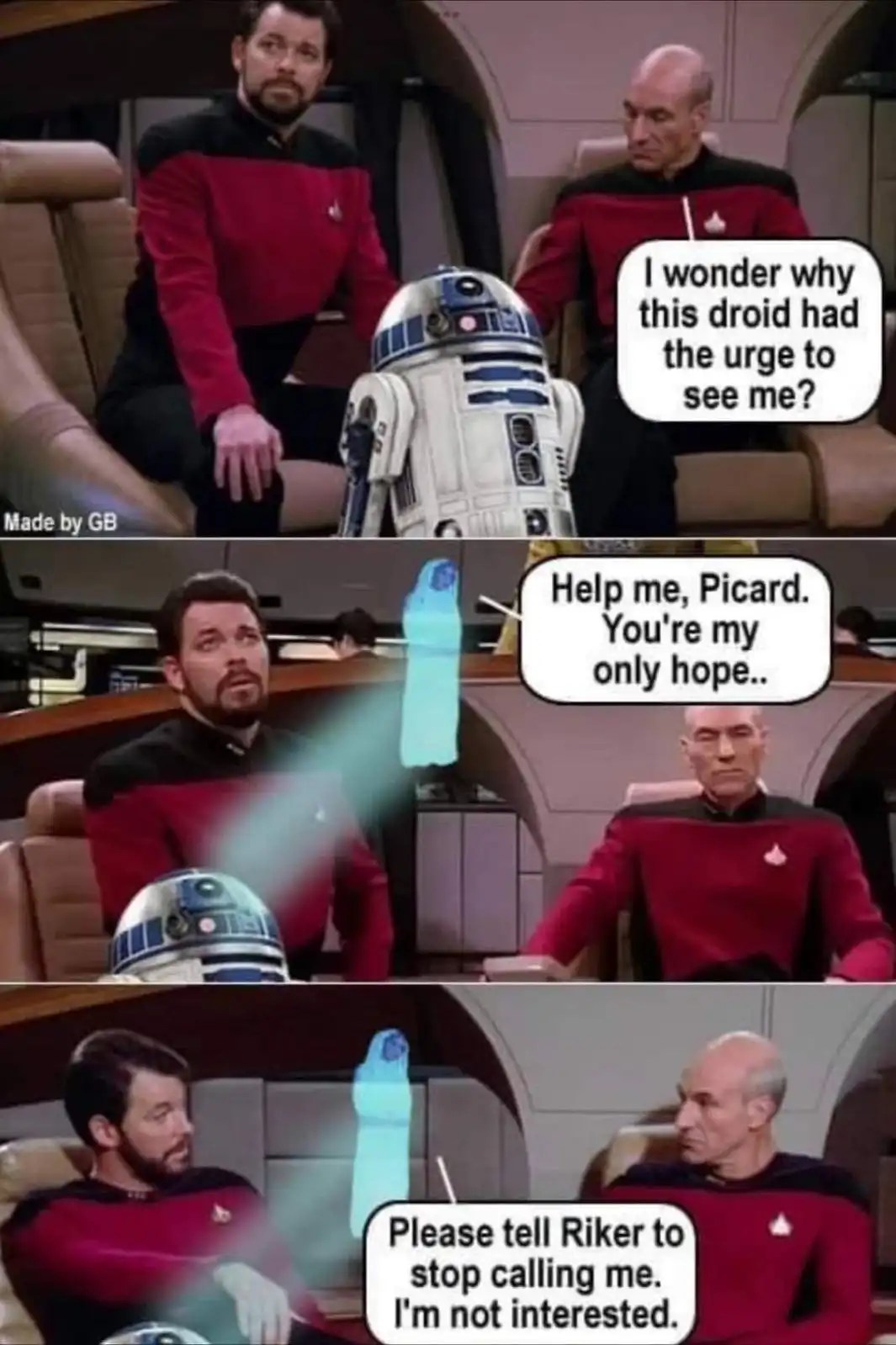 A three-panel meme featuring R2-D2 and Star Trek characters Picard and Riker. In the first panel, R2-D2 is between them, and…